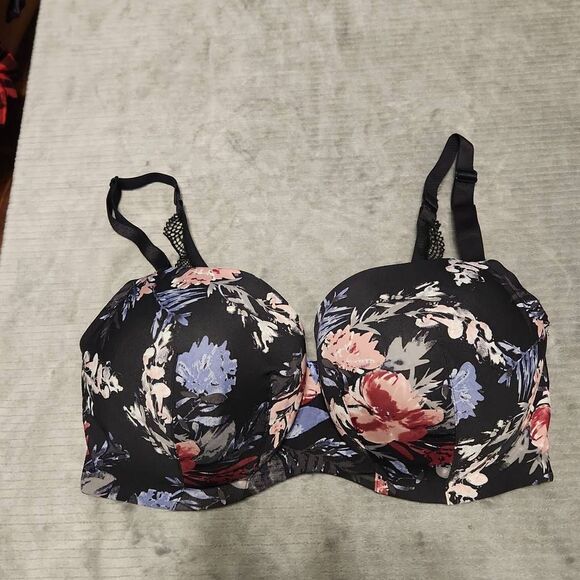 Cacique Size 38F Lightly Lined Balconette Bra Black Floral - Picture 1 of 4